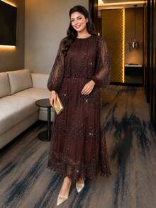 Auveirra Plus Size Elegant Sequin Party Dress Fall - Brown - View 9