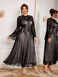 Modelyn Elegant Flocked Mesh Print Patchwork Solid Color Mock Neck Long Sleeve Cinched Waist A-Line Regular Fit Plus Size Dress For Spring And Autumn - Black - View 3