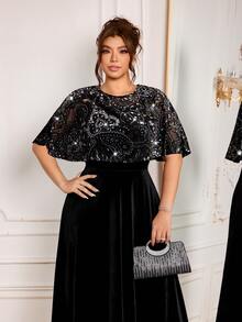 Modelyn Elegant Velvet Patchwork Silver Print Round Neck Cinched Waist A-Line Regular Fit Plus Size Dress For Spring And Autumn - Black - View 1