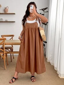 Enliva Plus Size Loose Black Strap Dress - Brown - View 3