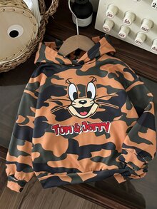 TOM & JERRY X SHEIN SHEIN EZwear 女款迷彩卡通印花連帽衛衣，適合戶外、街頭穿搭、返校季 - 彩色 - 查看 1