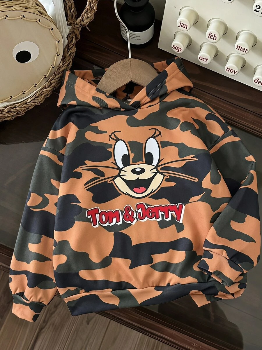 TOM & JERRY X SHEIN SHEIN EZwear 女款迷彩卡通印花連帽衛衣,適合戶外、街頭穿搭、返校季 - 彩色 - 查看 1