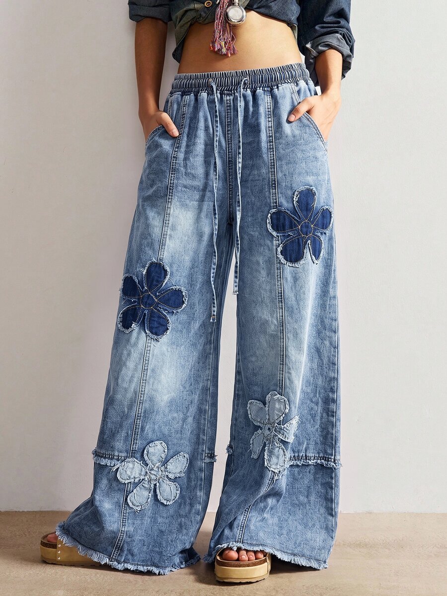 Bohemela Women's Drawstring Waist Floral Print Casual Daily Wear Long Pants - Blue - View 1