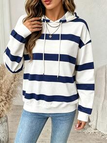SHEIN LUNE Women's Casual Minimalist Colorblock Striped Print Crew Neck Loose Sweatshirt - Autumn/Winter New Arrival Long Sleeve Top - Multicolor - View 5