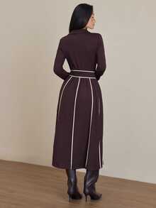 COSMINA Women's Casual Elegant Colorblock Striped Long Sleeve Brown Dress - Dark Brown - View 2