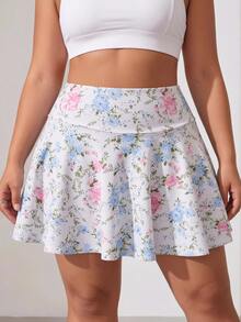 SHEIN Sports Women's Plus Size Floral Print Pocket Sports Skort - Multicolor - View 1