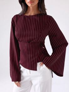 LYSMO Women's Striped Waist-Cinching Fashion Long Sleeve Business Shirt - Burgundy - View 3