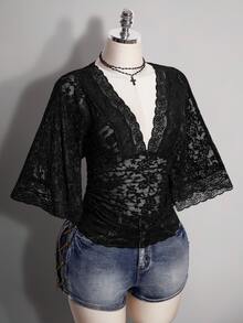 SHEIN ICON Women's Halloween Black Lace Wrap Flutter Sleeve Deep V Neck Sexy Black Gothic French Lace Patchwork Sheer Top For Date - Black - View 8
