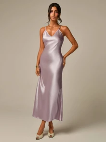 COSMINA Gaun Satin Ungu Elegan Kasual Wanita - Purple - View 3