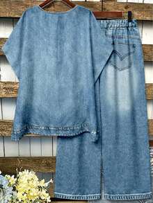 EMERY ROSE Plus Size Women 2 Pieces Outfit, Denim Print Round Neck Short Sleeve Loose Top & Elastic Waist Wide Leg Long Pants Casual Daily Wear Matching Set - Multicolor - View 2