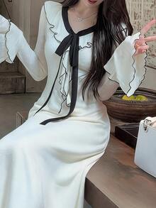 DAZY White Contrast Black Trim Ruffle Collar Tie Bow Bell Sleeve Elegant Knit Dress Fall Long Sleeve Tops - Apricot - View 3
