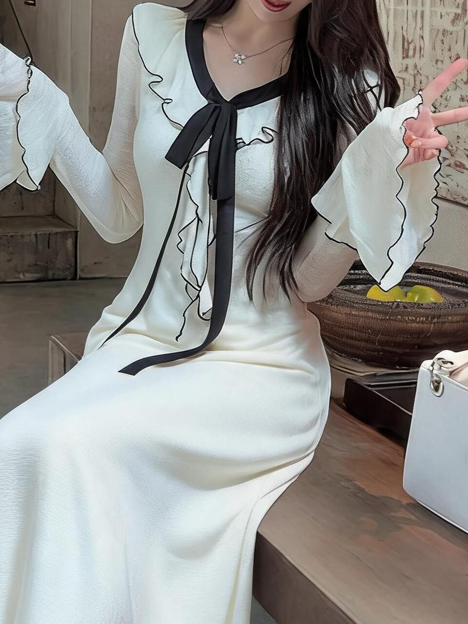 White Contrast Black Trim Ruffle Collar Tie Bow Bell Sleeve Elegant Knit Dress Fall Long Sleeve Tops