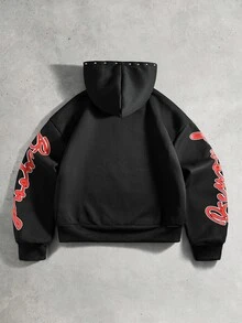 ROMWE MEN Men's Letter & Eye Print Long Sleeve Casual Hoodie Sweatshirt - Black - View 2