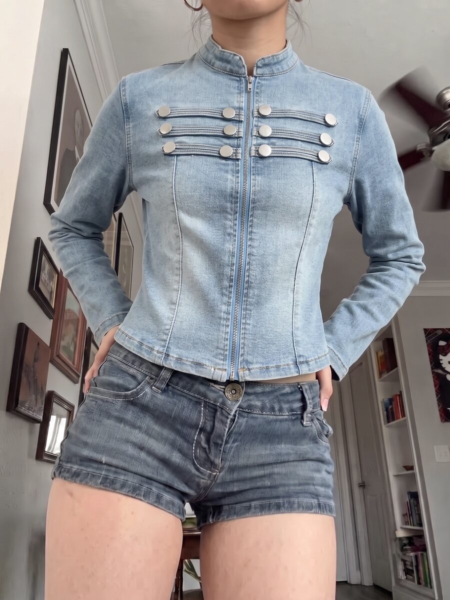 Muchica Women's Fashion Versatile Button & Zipper Long Sleeve Denim Jacket - Medium Wash - View 1