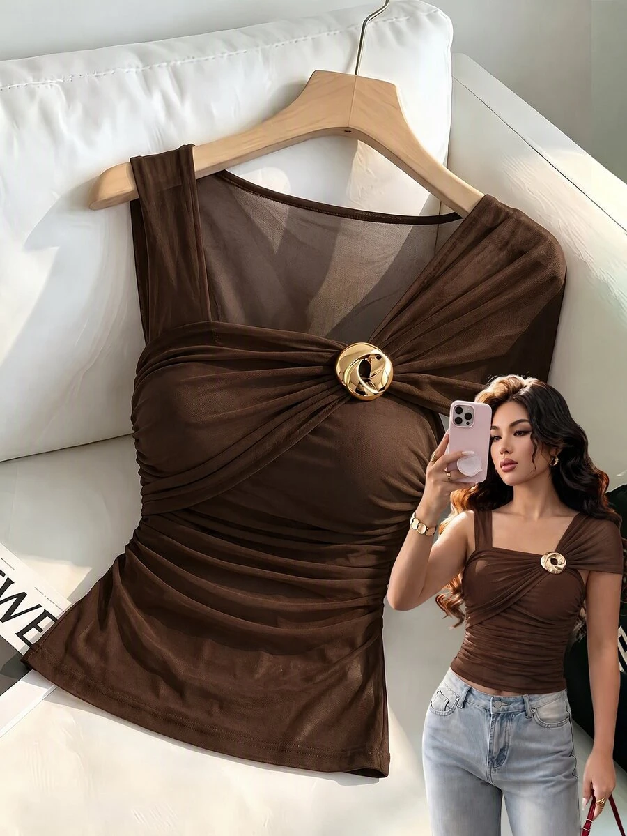 SHEIN Franclia 女款夏季網紗上衣，不對稱領口，披肩袖，金屬裝飾，透視設計，休閒度假街頭風襯衫