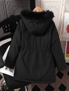 SHEIN 青少年女孩休閒街頭風黑色梭織連帽外套，人造毛飾邊、收腰設計、口袋連帽大衣，抓絨內裡加厚，適合返校季、秋冬外出與日常穿著 - 黑色 - 查看 4