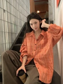 Dazy Kids 青少年女孩秋季休閒基礎款翻領長袖襯衫 - 橘色 - 查看 9