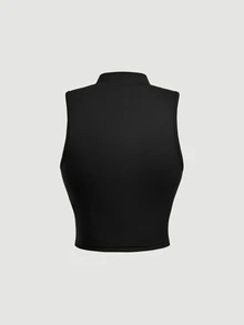 SHEIN MOD Women's 2pcs Ribbed Knit Solid Metal Buckle Mock Neck Sleeveless Slim Fit Crop Tank Top Set Black Grey Coquette Sweet Y2K For Christmas Party Fall - Multicolor - View 8