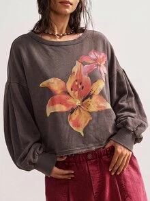 Bohemela 女款街頭風花卉印花時尚長袖運動衫 - 棕色 - 查看 1