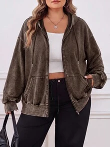 SHEIN CURVE+ 大尺碼開襟拉鍊式水洗布料長袖運動衫，黑色休閒套頭衫，2026 22W 秋季 - 咖啡棕 - 查看 7