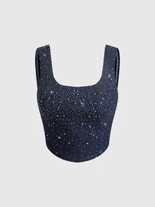 ROMWE Party Girl Rhinestone Gradient Denim Cropped Denim Top For Women - Blue - View 1