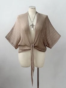 Sunspun Relaxed Tone Loose Batwing Sleeve Ribbed Hollow Out Tie-Up Shawl Knit Cardigan Fall - Apricot - View 8