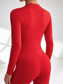 SHEIN Core Rhythm Women's Casual Zip-Up Half-Placket Long Sleeve Sports Jumpsuit - Red - View 2