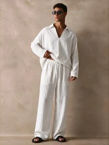 Musero Sold As One V Neck Long Sleeve Shirt Wide Leg Trouser Pant Striped Set Spring Summer Essentials - White - View 3
