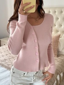 Strévra Women's Autumn Casual Versatile Solid Color Cardigan - Pink - View 6