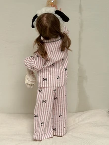DAZY Infant/Toddler (Girl) Collared Striped All-Over Print Comfortable Long Sleeve Shirt & Long Pants 2 Pieces Set Loungewear - Baby Pink - View 2