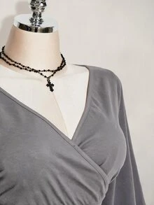 SHEIN ICON 女款大尺碼交叉V領抓褶純色T恤 - 灰色 - 查看 7