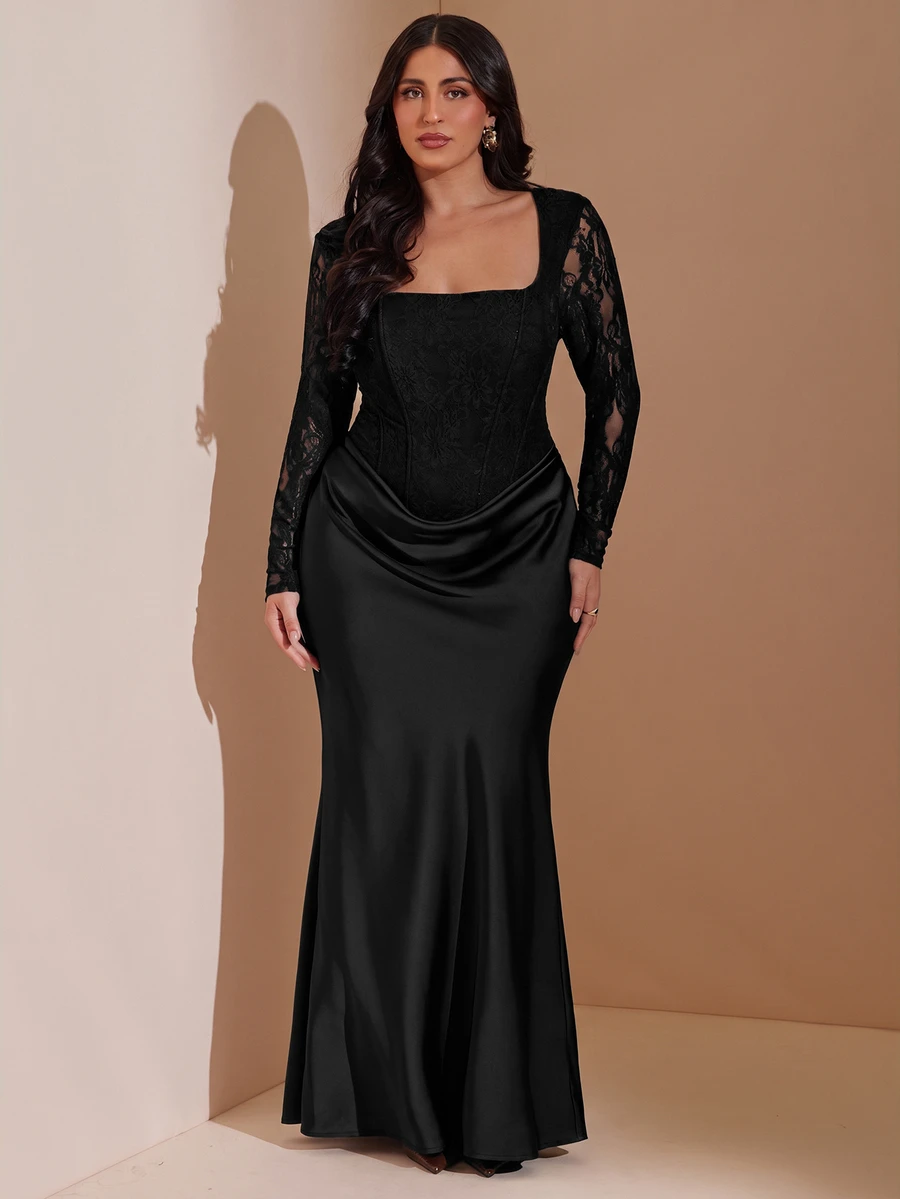 SHEIN BAE CURVE 大尺碼女款長袖蕾絲洋裝,優雅秋冬派對洋裝 - 黑色 - 查看 1