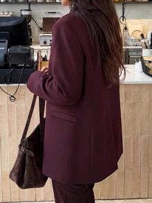Lavishia Women's Elegant Asymmetric Burgundy Red New Style Summer/ Commuter Fashion High Neck Button Decor Blazer,Casual Blazer Outfits Office Business - Red Violet - View 4
