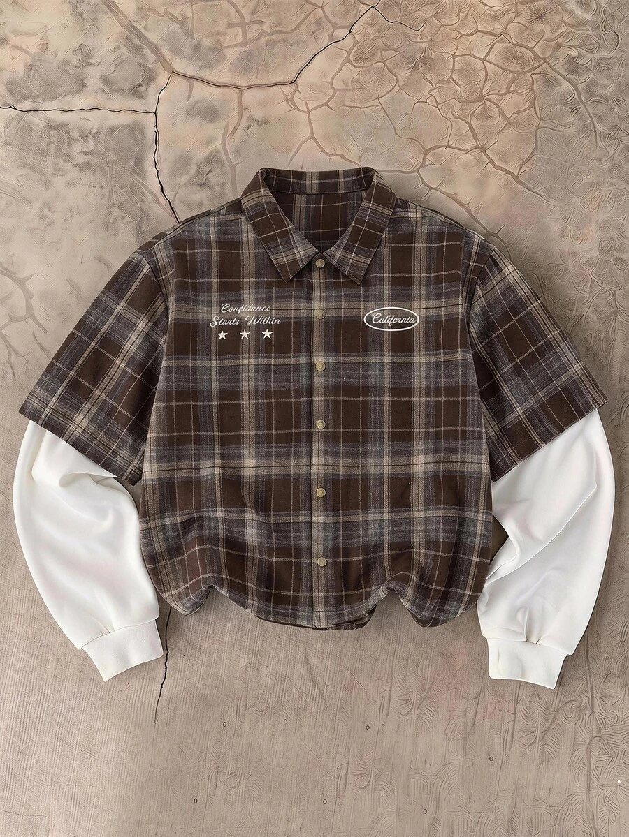 SWAVVY Camisa de hombre a cuadros con patchwork 2 en 1 - Marrón - Ver 1