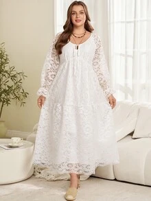 EMERY ROSE Plus Size Solid White Lace Patchwork V-Neck Long Sleeve Bow Front Ruffle Party Dress Fall Winter 2026 - White - View 5