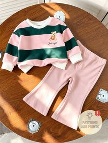 女童幼兒可愛熊圖案2件套，粉色與綠色拼接寬條紋圓領套頭運動衫，精緻字母印花，羅紋袖口，搭配粉色喇叭長褲，寬鬆舒適版型，甜美時尚休閒套裝，適合春、秋、冬日常穿著 - 彩色 - 查看 5