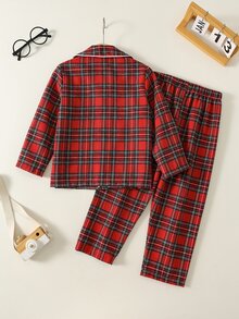 SHEIN 2件組男孩秋冬休閒復古紅格紋睡衣套裝，男孩翻領開襟衫居家服，格紋長袖褲，聖誕格紋家居服，男孩居家休閒服 - 彩色 - 查看 2