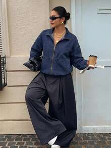 Dazy Plus Áo khoác denim nữ size lớn phong cách đường phố, màu xanh đậm giặt kiểu vintage, dáng rộng, cổ mở, tay dài, khóa kéo phía trước - Rửa tối - Xem 5