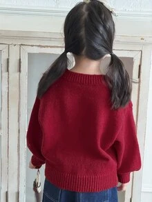 Dazy Kids 女童對比色圓領落肩長袖休閒針織衫 - 紅色 - 查看 2