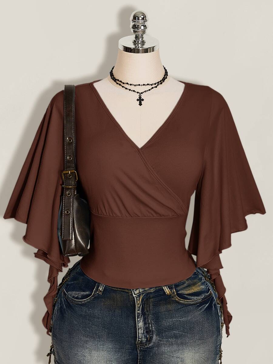 SHEIN ICON 女款大尺碼交叉V領荷葉袖休閒T恤 - 咖啡棕 - 查看 1