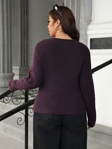 Roveilla Autumn/Winter Fashion Asymmetric Design Fitted Asymmetrical Gold Button Decor Pullover Sweater - Purple - View 2