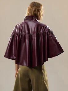 SHEIN 女款立領優雅荷葉邊中袖拉鍊開襟衫，寬鬆顯瘦時尚復古百搭短版夾克 - 酒紅色 - 查看 3