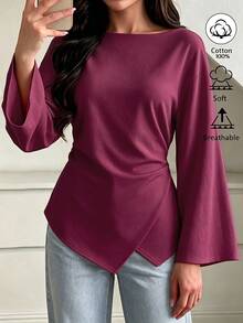 Elenzga Off White Boat Neck Ruched Waist Irregular Hem Cotton Blouse, French Casual Top For Office, Dating & Autumn Daily Outfit - Burgundy - View 5