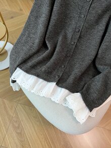 GlowEve CURVE Plus Size Women's Fashion Casual Minimalist Versatile Elegant Lace Patchwork Ruffle Long Sleeve Button Round Neck Knit Cardigan - Grey - View 6