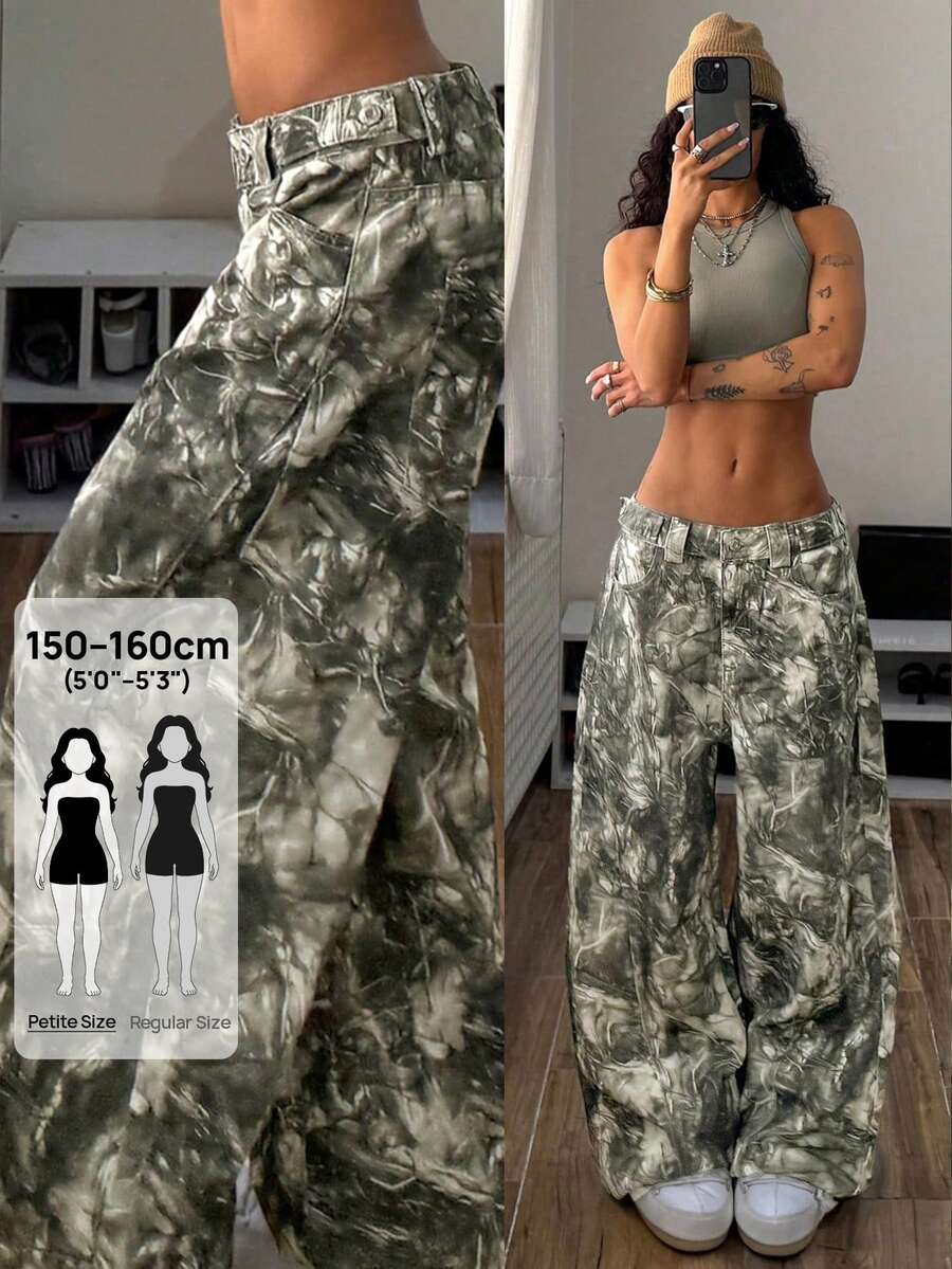 SHEIN PETITE 女款嘻哈時尚迷彩鈕扣口袋寬鬆牛仔褲,秋冬款,適合嬌小女性日常穿著 - 彩色 - 查看 1