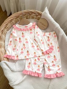 SHEIN 女嬰卡通印花荷葉袖上衣與長褲家居服套裝 - 米色 - 查看 3