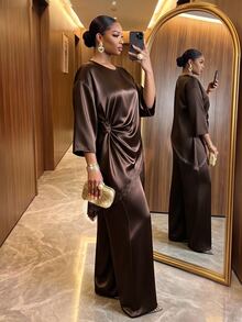 SHEIN Lady Plus Size Women Lace Patchwork Top And Pants Casual Everyday 2 Pieces Set - Brown - View 2