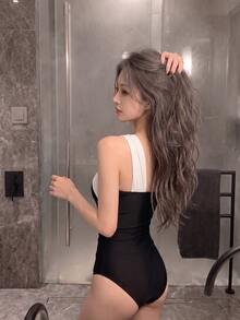 DAZY 女款拼色單肩連身泳衣 - 黑色 - 查看 2