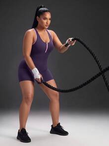 Powerista Women's Plus Size Zipper Half-Placket Striped Colorblock Sports Romper - Purple - View 4