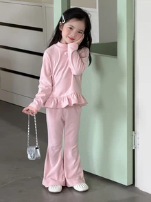 DAZY Young Girl Letter Print Ruffle Hem T-Shirt And Flare Pants Casual Set - Baby Blue - View 8